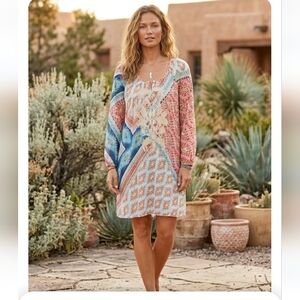 Sundance 100% Cotton Bohemian Mini Dress Multi-Pattern Long Sleeve Size Large